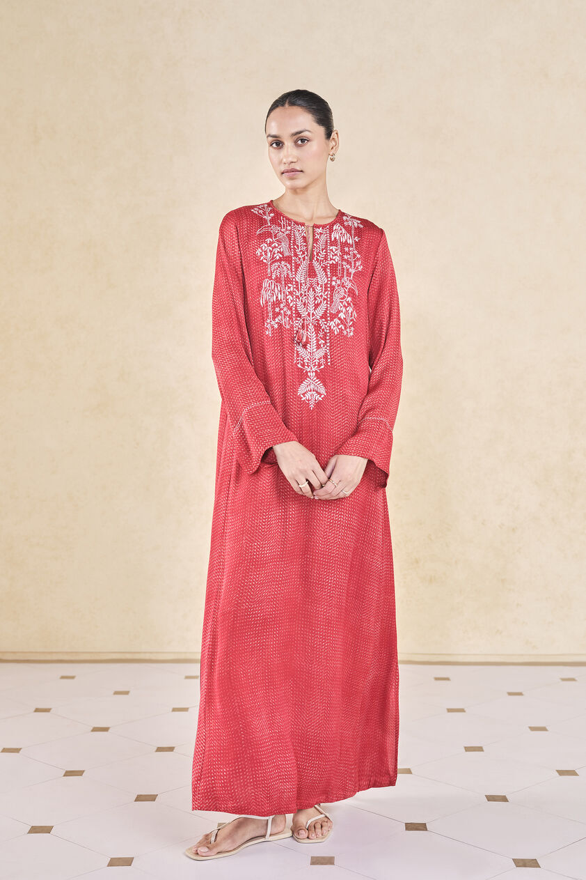 Rouge Handcrafted Ajrakh Kaftan - Red, Red, image 1